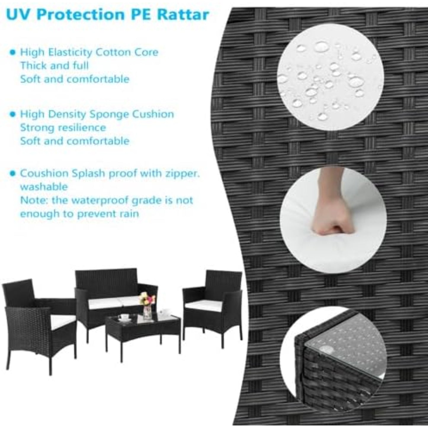 4-Persoons Tuinmeubelset – Buitenmeubelset – Loungeset – Balkonset – Rattan Zithoek – Weerbestendig PE-Rattan – Stevig Stalen Frame – Glazen Tafelblad