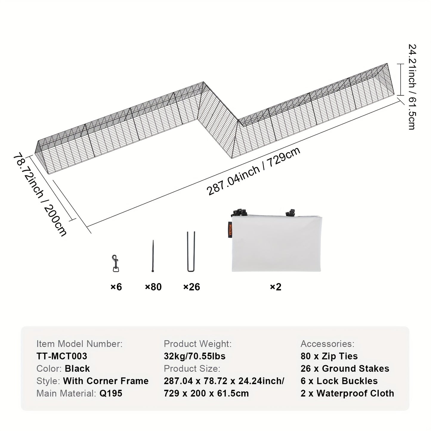 Kippenren – Kippenrennet – Kippenhok – Kippenloop – Dierenren – Set Van 2 Metalen Tunnels – Stevig Hoekframe – 7,3 Meter Lang