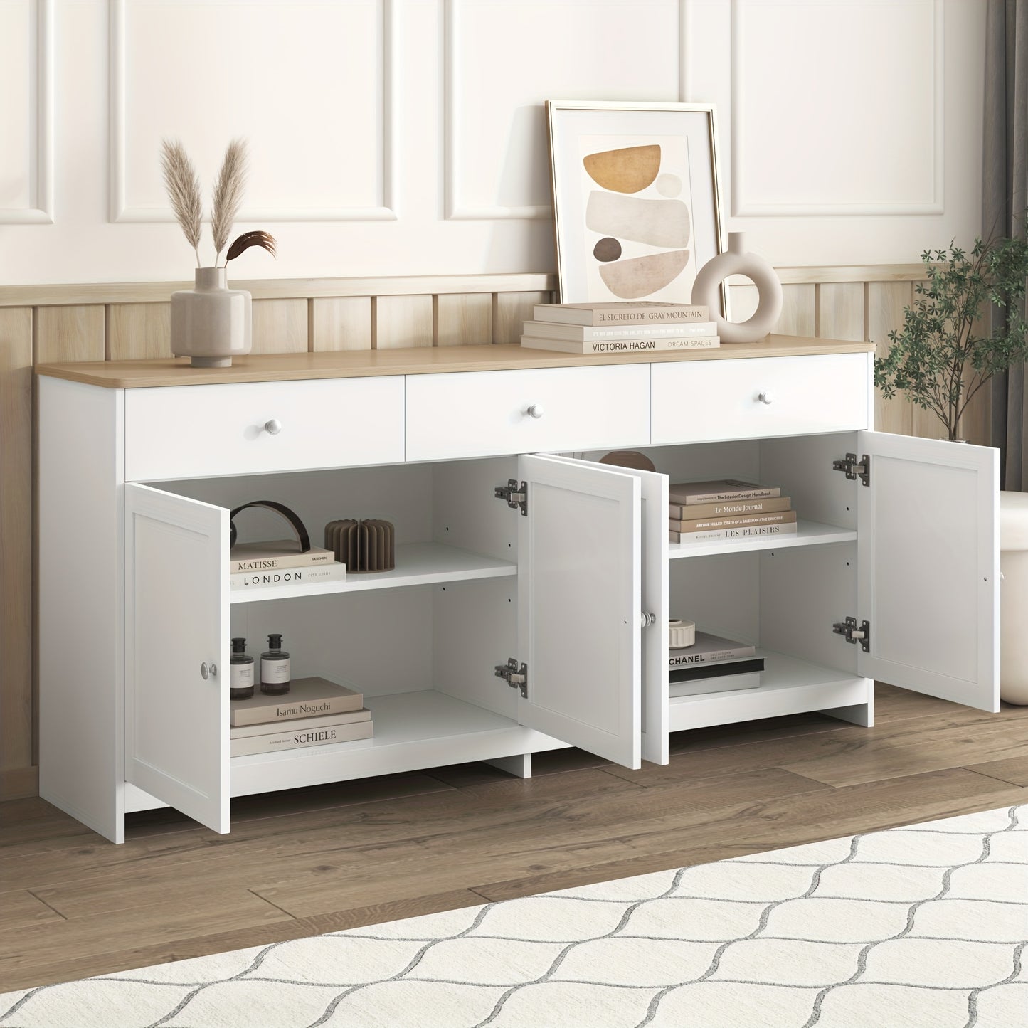 Sideboard, Sideboard, Organiser, Four Doors with Three Drawers, for Living And Dining Room. White, 160*37*75 Cm