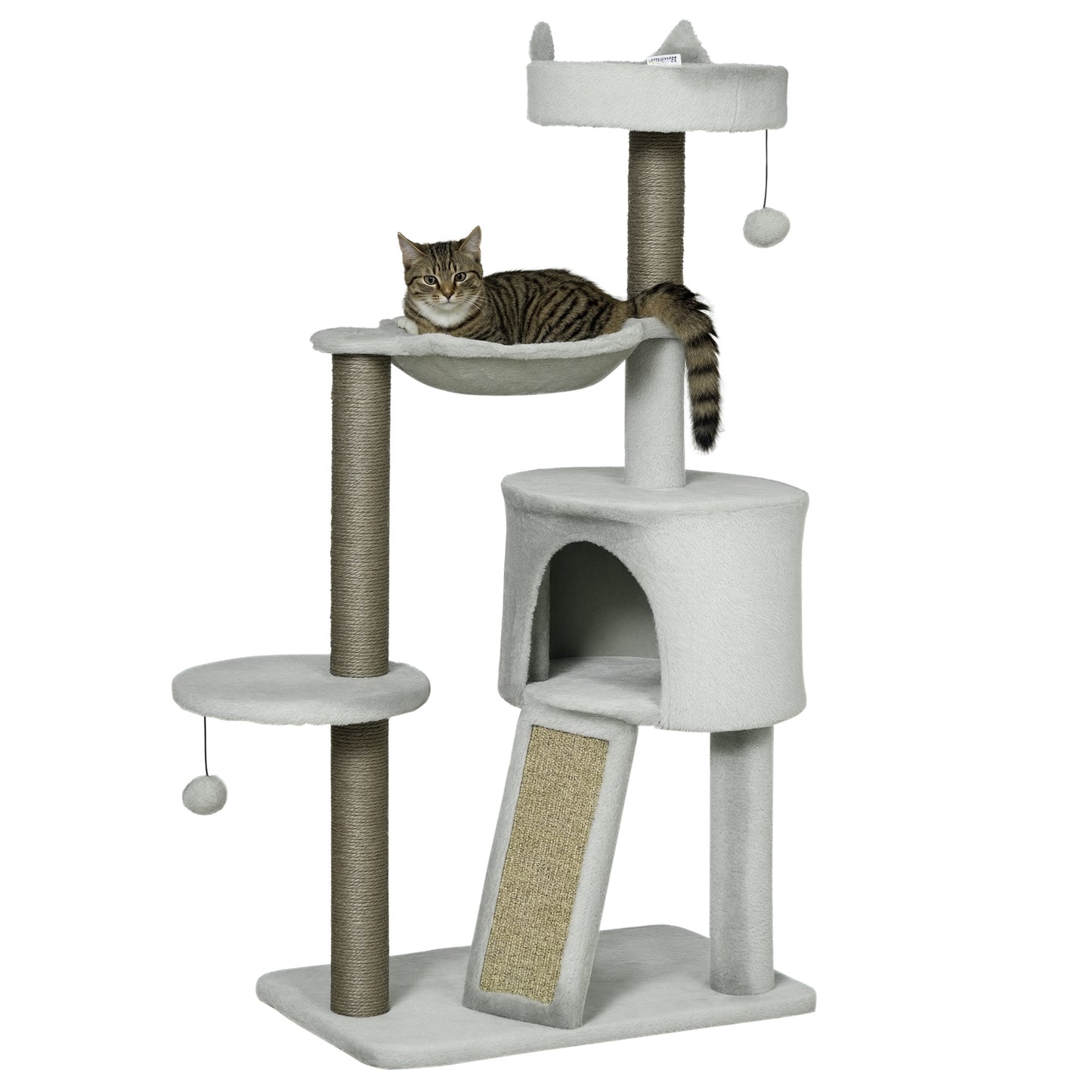 Krabpaal – Kattenkrabpaal – Katzenbaum – Krabmeubel – Kattenhuis – Inclusief Kattenhol En Hangmat – Compact 60x40x113 Cm – Lichtgrijs Met Sisal Touwen