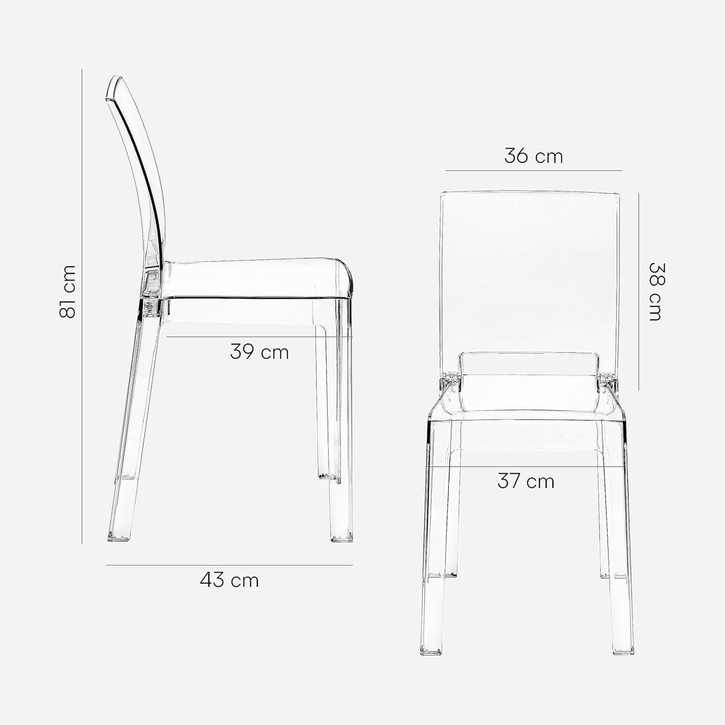 Transparante Stoelen – Design Stoelen – Polycarbonaat Stoelen – Eetkamerstoelen – Moderne Stoelen – Ergonomische Gebogen Rugleuning – Duurzaam Lichtgewicht Material