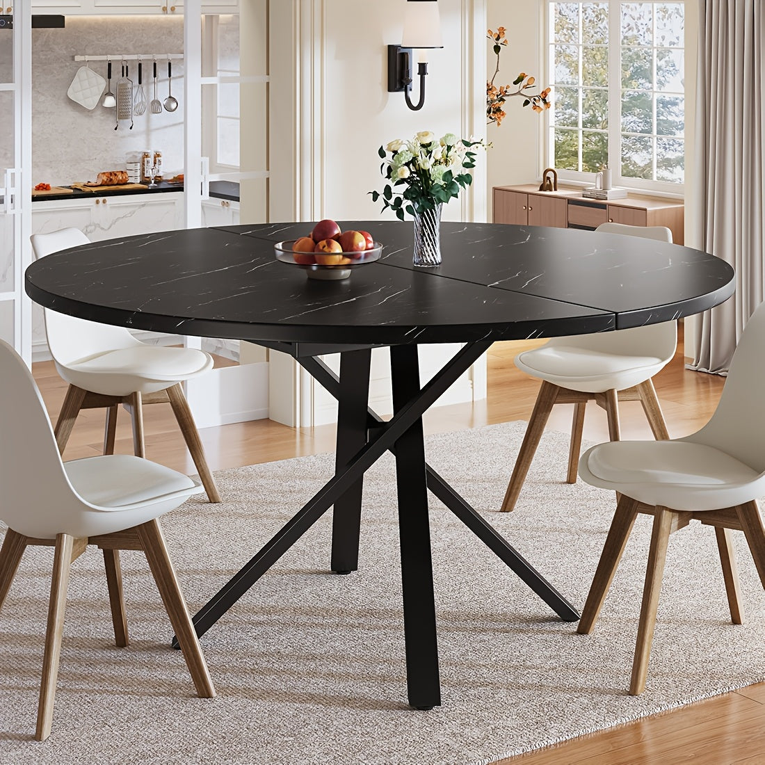 Uitschuifbare Eettafel – Uitklapbare Tafel – Verlengbare Eettafel – Ronde Tafel – Ovale Tafel – Zwart Marmeren Blad – Compact & Luxe Design