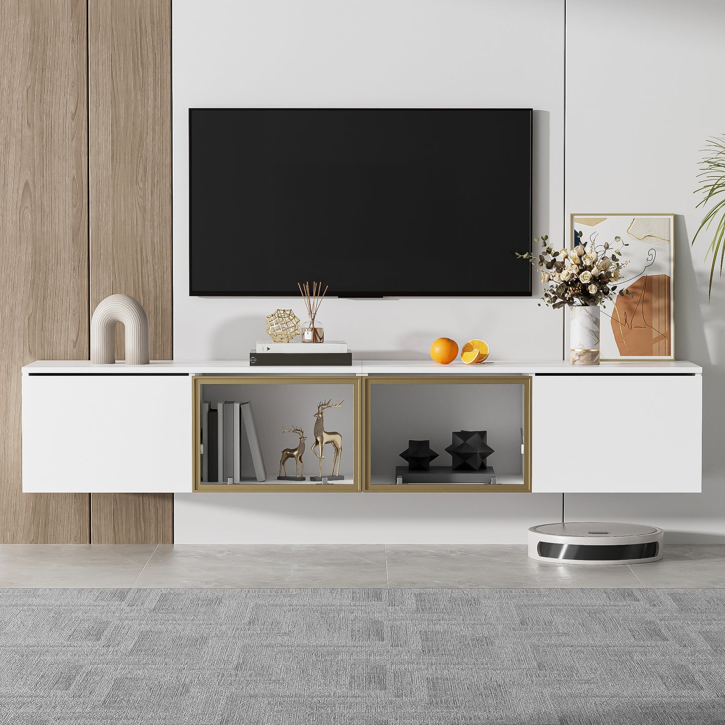 Merax 170 Cm TV Cabinet - White Minimalist Style, Floor And Wall Mounting, 4 Doors (2 Glass Doors), Versatile Mounting, Perfect for Living Room