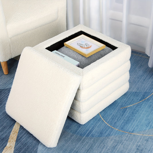 Opberg Krukje – Zithocker Met Opbergruimte – Teddy Stijl Kruk – Fluwelen Zitbankje – Multifunctionele Opbergbox – Wit – 48x48x48 cm – 78 Liter Inhoud