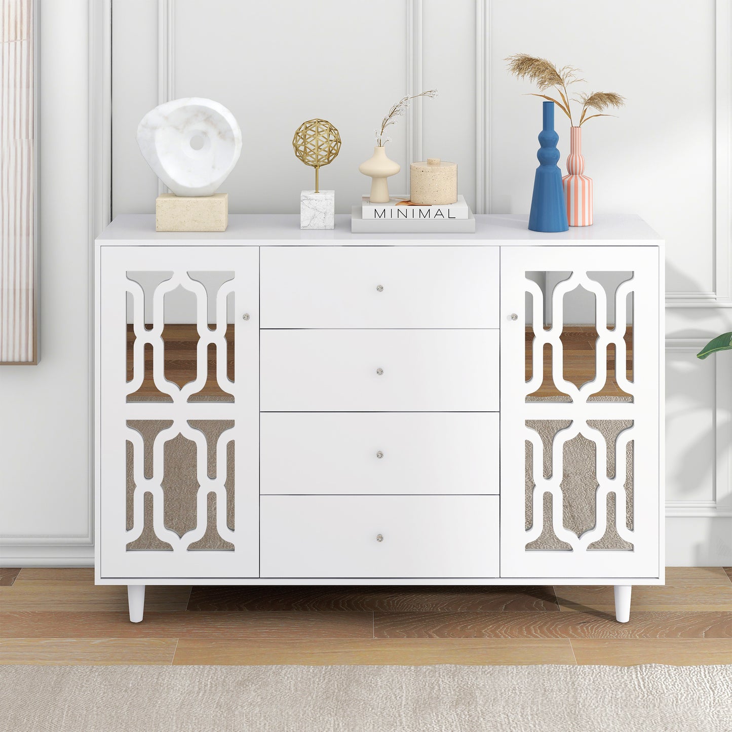 Dressoir – Sideboard – Opbergkast – Ladekast – Witte Spiegeldeuren – Kristalgrepen – 147,5x40x102 cm – Verstelbare Binnenplanken