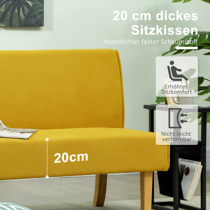 2-zits bank – tweezitsbank – loveseat – zitbank – bankje – gele corduroy bekleding – dikke vulling – massief houten poten