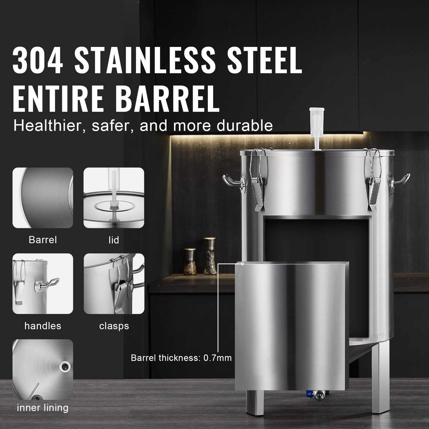Brouwketel – Gistingstank – Maischketel – Fermentatievat – Bierbrouwketel – 16 Gallon Capaciteit – Voedselveilig 304 RVS