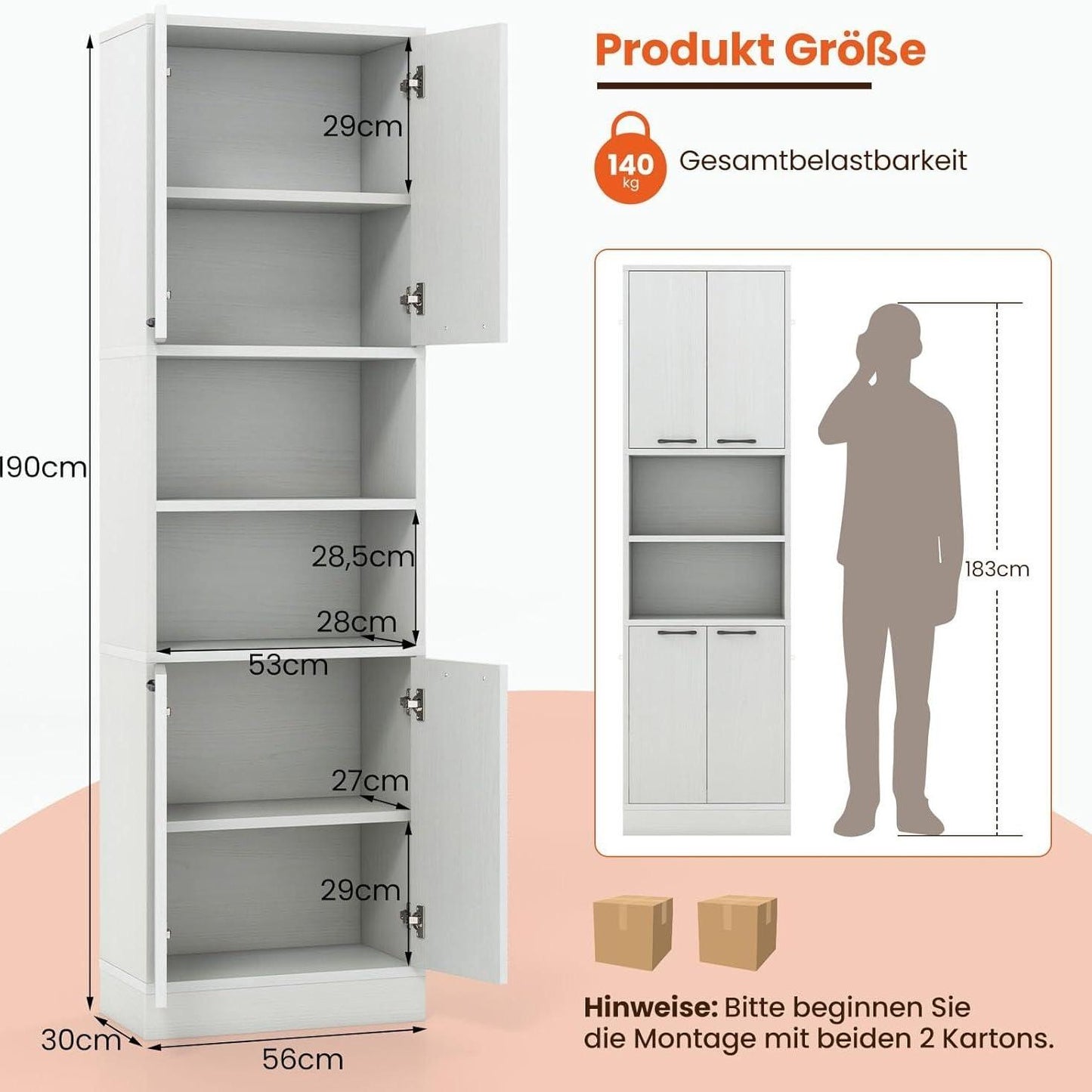 Keukenkast – Opbergkast – Buffetkast – Bovenkast – Onderkast – 190 cm Hoog – Lichtgrijs Mat Houtnerf