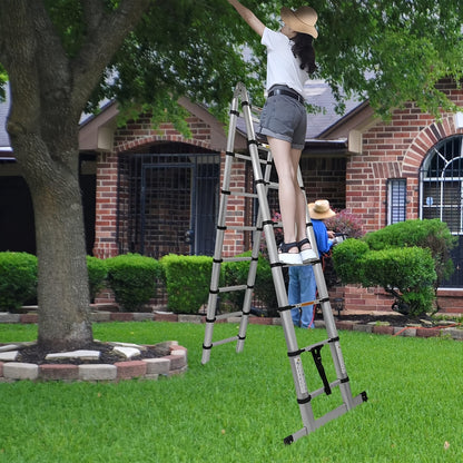 Telescopische Vouwladder – Uitschuifbare Ladder – Opvouwbare Trap – A-Frame Ladder – Steigerladder – 5 Meter Bereik – Robuuste Metalen Constructie