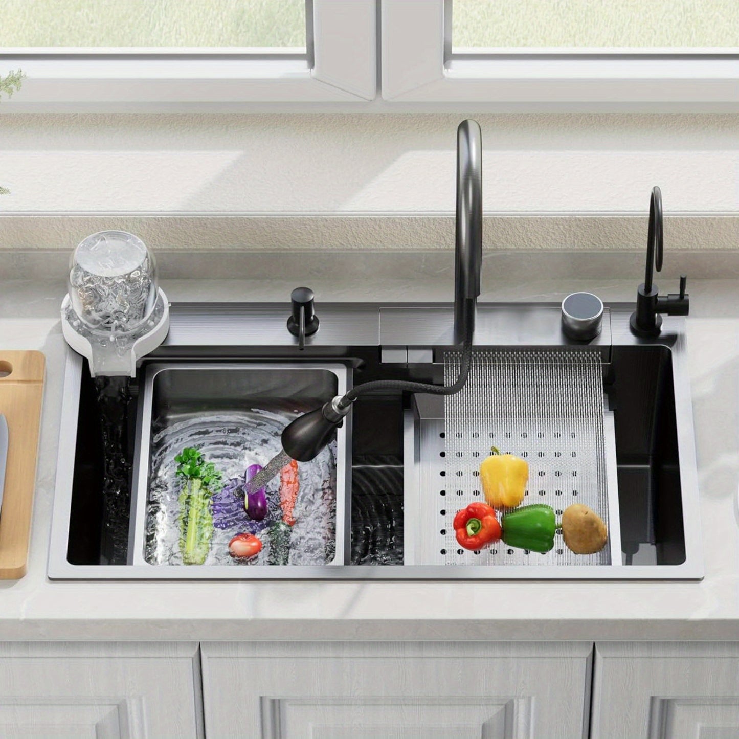 Keukenspoelbak – Spoelbak – Werkstation – Enkele Kom – Topmount – 80 x 45 cm – Roestvrij Staal – Mat Zwart – Multifunctioneel met 360° Mengkraan