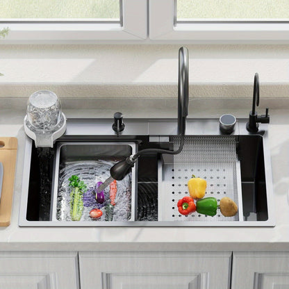 Keukenspoelbak – Spoelbak – Werkstation – Enkele Kom – Topmount – 80 x 45 cm – Roestvrij Staal – Mat Zwart – Multifunctioneel met 360° Mengkraan