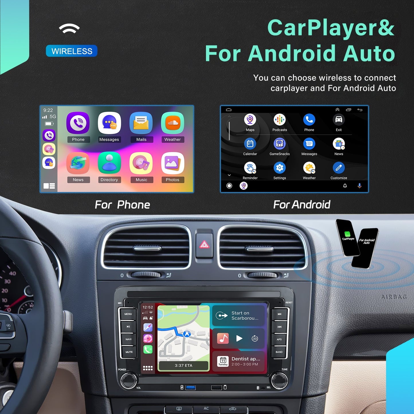 Autoradio – Auto Radio – Multimedia Systeem – In-Car Entertainment – Car Stereo – 9 Inch Touchscreen – Draadloze CarPlay & Android Auto – GPS Navigatie – Achteruitrijcamera Met Microfoon