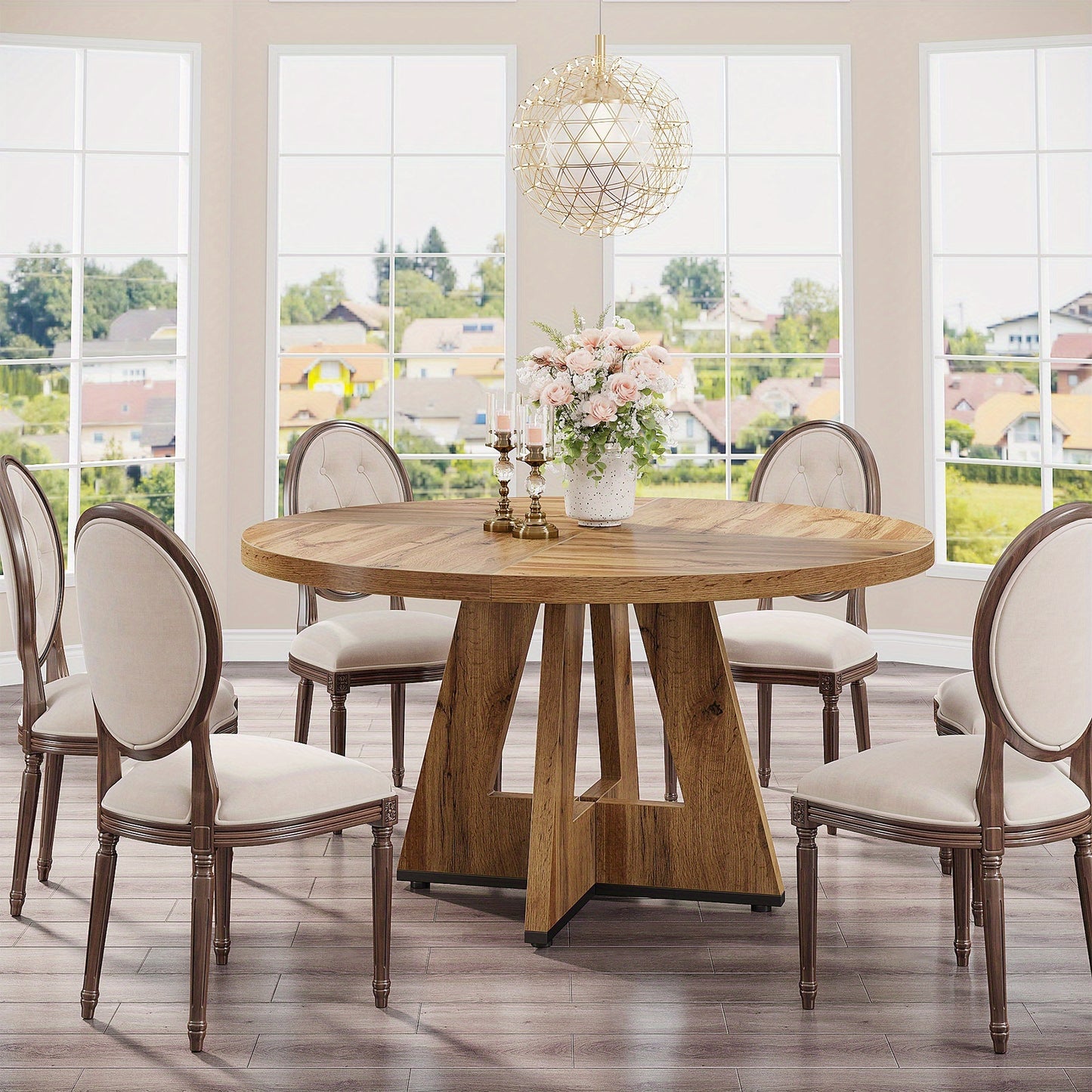 Ronde Eettafel – Houten Tafel – Keukentafel – Draaibare Tafel – Landelijke Tafel – Ruimtebesparend Design – Stevig Kruisvormig Onderstel – Diameter 120 cm – Burlywood Hout