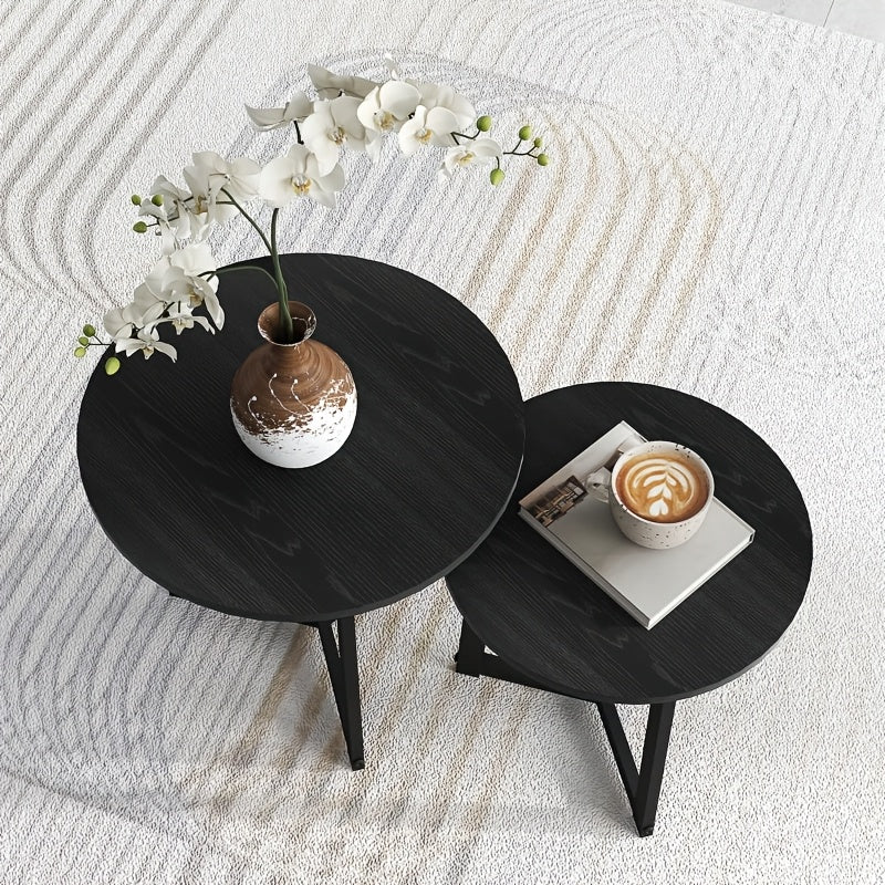 Expandable Stackable 2pcs Round Coffee Table & Side Table Set - Space-Saving Modern Sofa Table for Small Spaces, Expandable Table Suitable for Living Room, Bedroom, Compact Apartments - Assembly, Black Furniture
