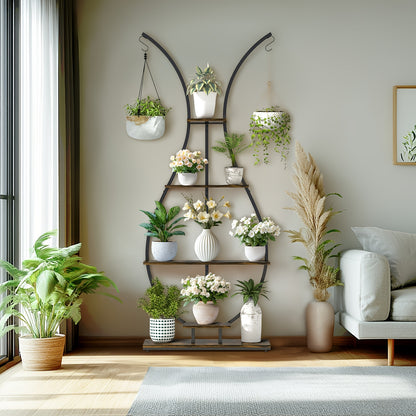 Plantenhouder – Plantenrek – Bloemenstandaard – Plantenrekje – Plantenrek Binnen – 5 Lagen – Metaal Met Houten Planken – Vaasvorm – Voor Woonkamer & Balkon – Bruin