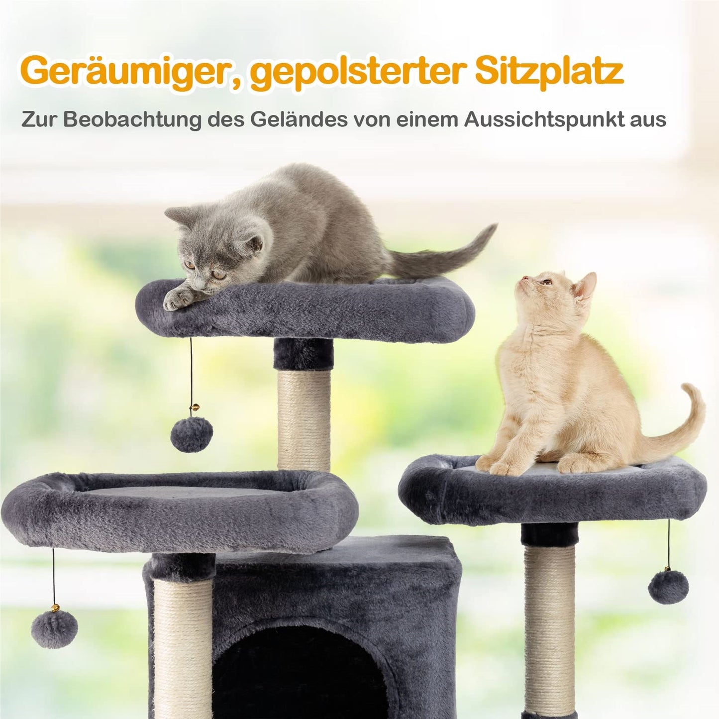 Krabpaal – Kattenboom – Klimpaal – Speelboom – Krabmeubel – Multifunctioneel met 2 kattenhuisjes – 170 cm hoog – Stabiel met sisal kraboppervlakken – Donkergrijs