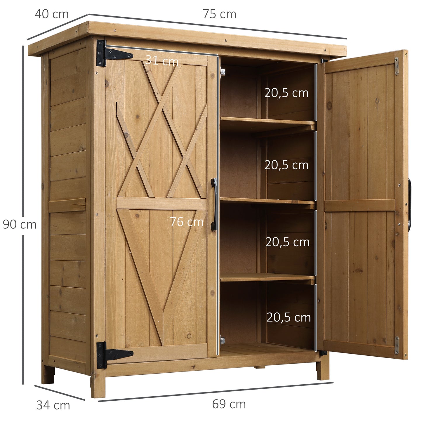 Outsunny Outdoor Garden Shed with 3 Shelves, 2 Doors, 75L x 40W x 90H cm, Yellow Pine Wood, Asphalt Roof