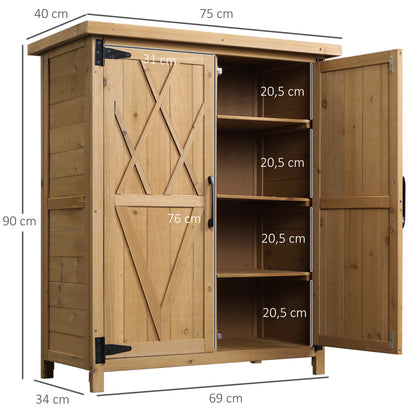 Outsunny Outdoor Garden Shed with 3 Shelves, 2 Doors, 75L x 40W x 90H cm, Yellow Pine Wood, Asphalt Roof