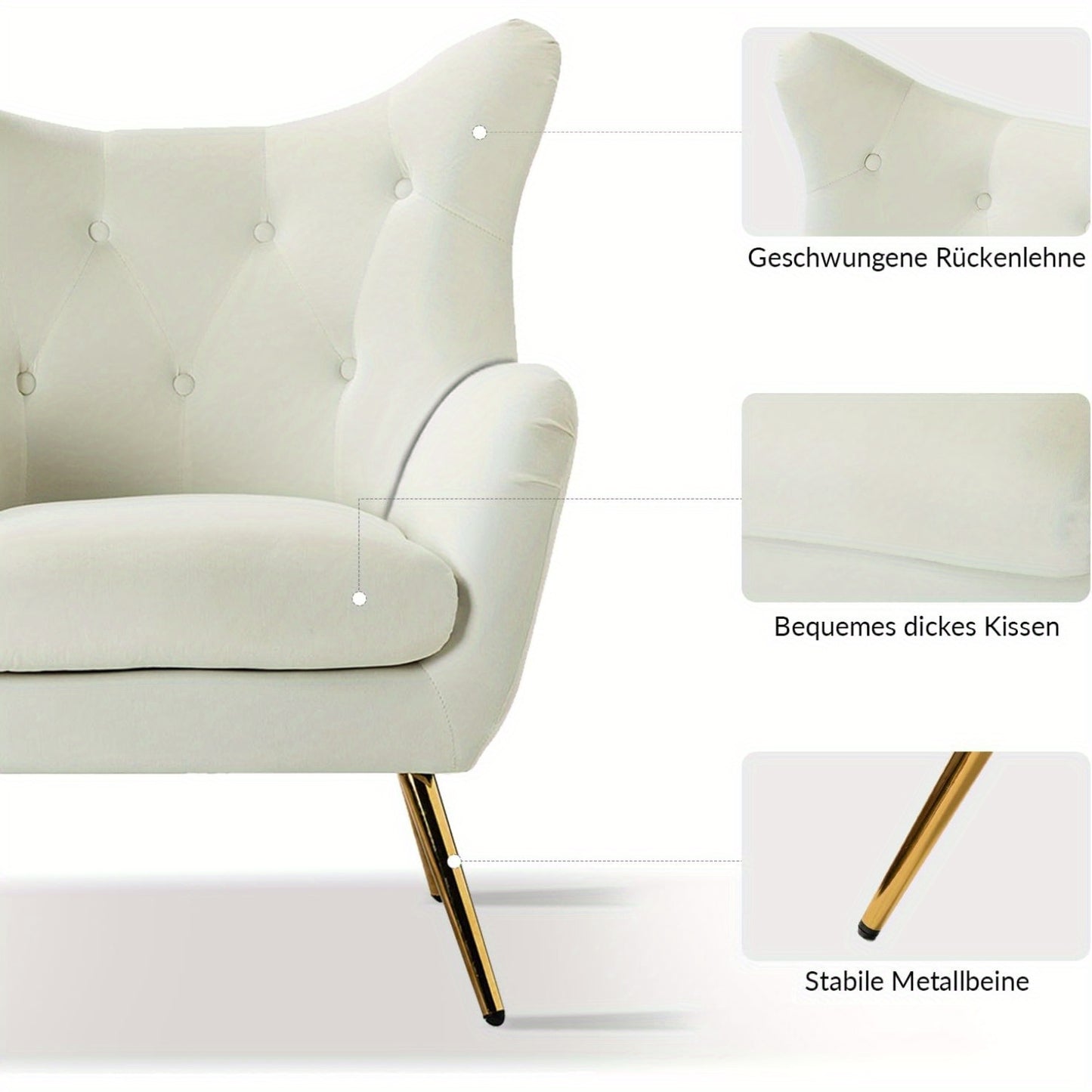 Fauteuil – Lounge Stoel – Leunstoel – Wing Chair – Relaxfauteuil – Fluwelen Bekleding – Gouden Metalen Poten – Comfortabel Design – Voor Woonkamer en Slaapkamer – Ivoor Kleur