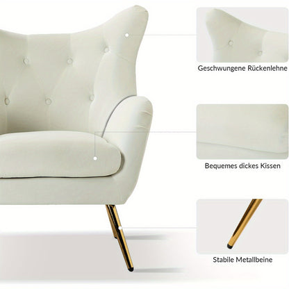 Fauteuil – Lounge Stoel – Leunstoel – Wing Chair – Relaxfauteuil – Fluwelen Bekleding – Gouden Metalen Poten – Comfortabel Design – Voor Woonkamer en Slaapkamer – Ivoor Kleur