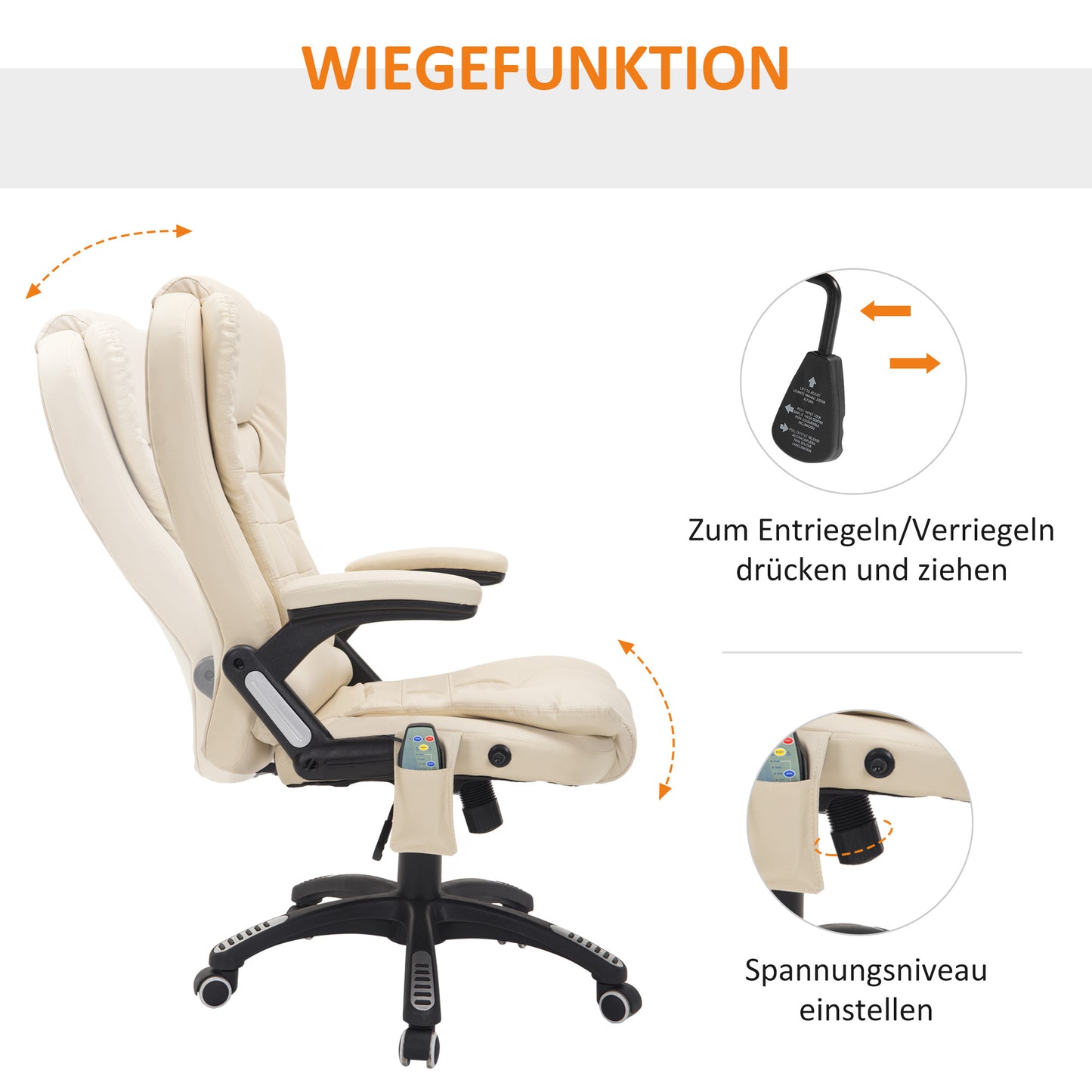 Ergonomische Bureaustoel – Kantoormeubel – Werkstoel – Massagestoel – Comfortstoel – Crème Wit – Massage- en Verwarmingsfunctie – Verstelbare Hoogte en Kantelfunctie