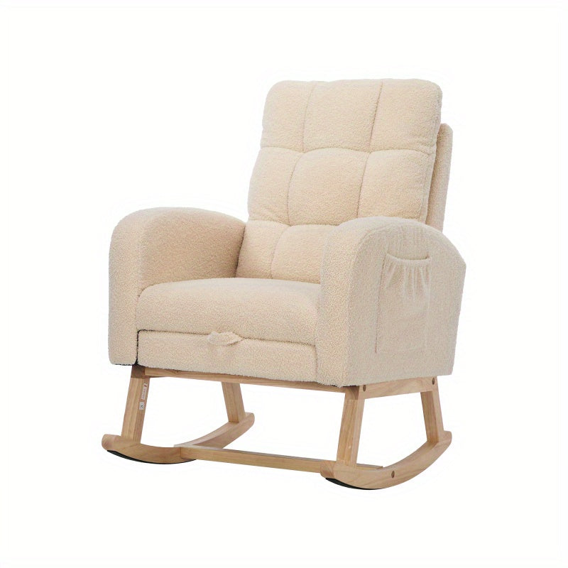 Schommelstoel – Relaxstoel – Fauteuil – Voedingsstoel – Loungestoel – Teddy Stof Bekleding – Stevig Houten Frame – 132x50x99 cm – Beige