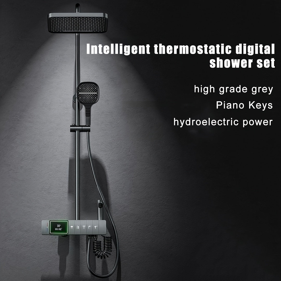 Slimme Douche Systemen – Digitale Douchekraan – Regen Douchekop – Waterval Kraan – Wandgemonteerd Bad Set – 5 Snelheden & Temperatuur Instelbaar – Real-Time Display (Gun Grijs)