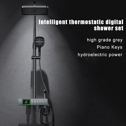 Slimme Douche Systemen – Digitale Douchekraan – Regen Douchekop – Waterval Kraan – Wandgemonteerd Bad Set – 5 Snelheden & Temperatuur Instelbaar – Real-Time Display (Gun Grijs)