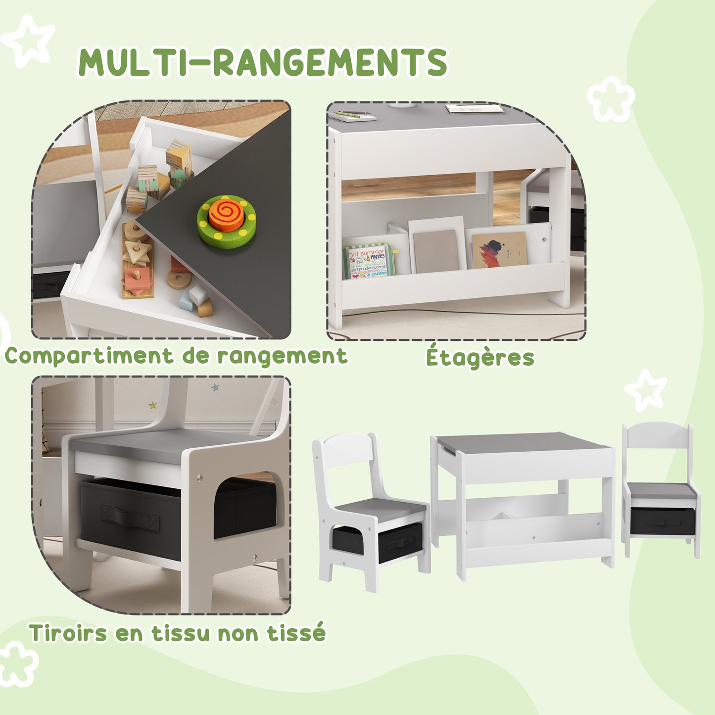 Kinderbureau Set – Kindertafel – Kindertafel Met Stoelen – Speeltafel – Tafel Met Opbergruimte – Omkeerbaar Tafelblad – Eenvoudig Schoon Te Maken – Grijs