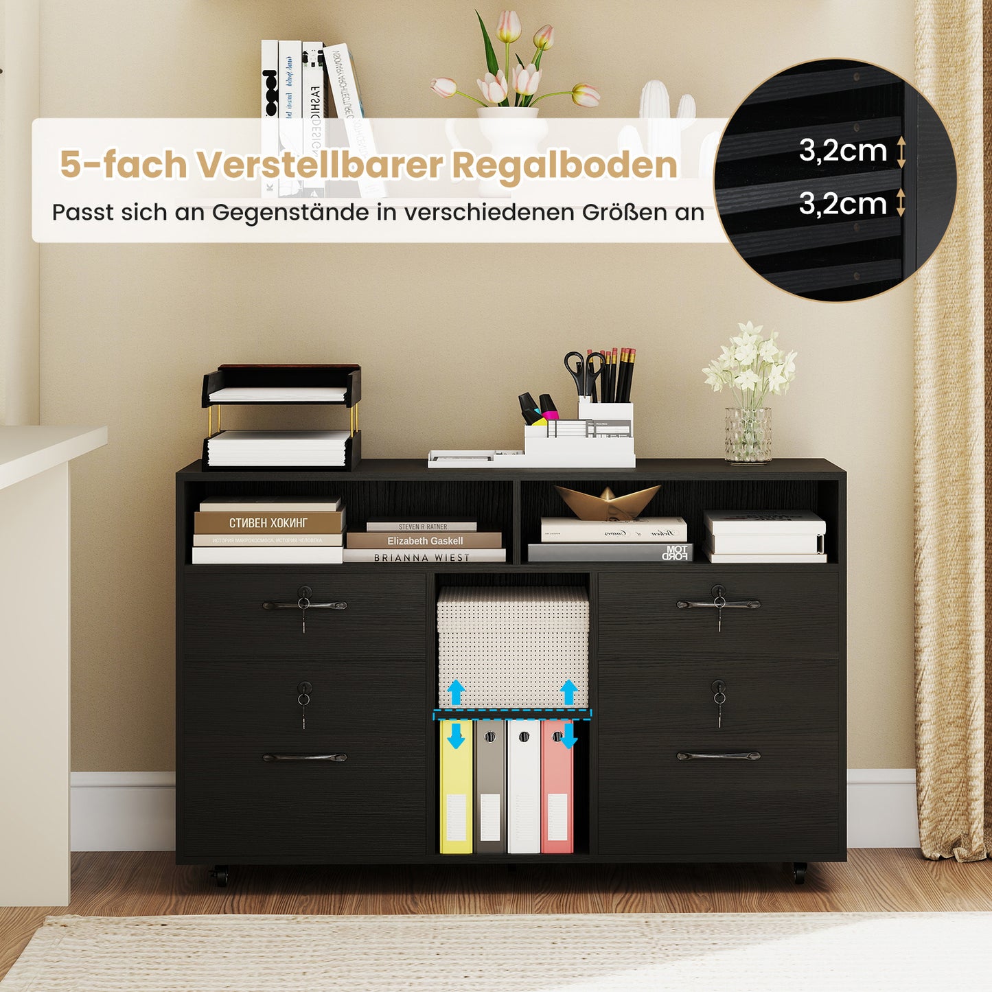 Mobiele Opberglade – Bureau Lades – Kantoor Kast – Werkplek Organizer – Lade met Slot Zwart – Verstelbare Plank – 2 Uittrekbare Lades