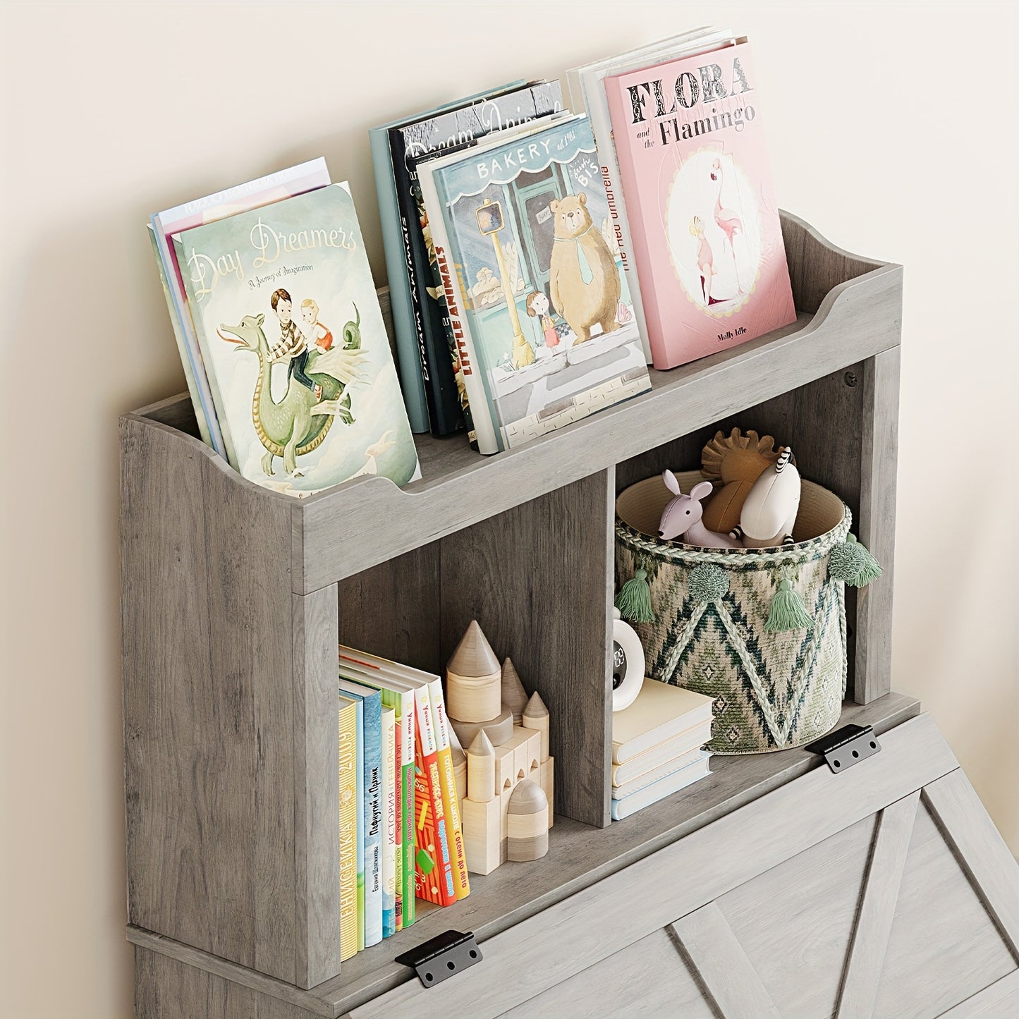 Boekenplank – Boekenrek – Wandplank – Opbergplank – Wandrek – Modern Grijs – 3 Vakken Met Flip-Top Deksel – Duurzaam MDF En Massief Hout