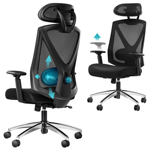 Bureaustoel – Ergonomische Stoel – Office Chair – Draaistoel – Computerstoel – Verstelbare Lendensteun – Hoofdsteun – Armleuningen – Max. Belastbaarheid 150 kg – Zwart