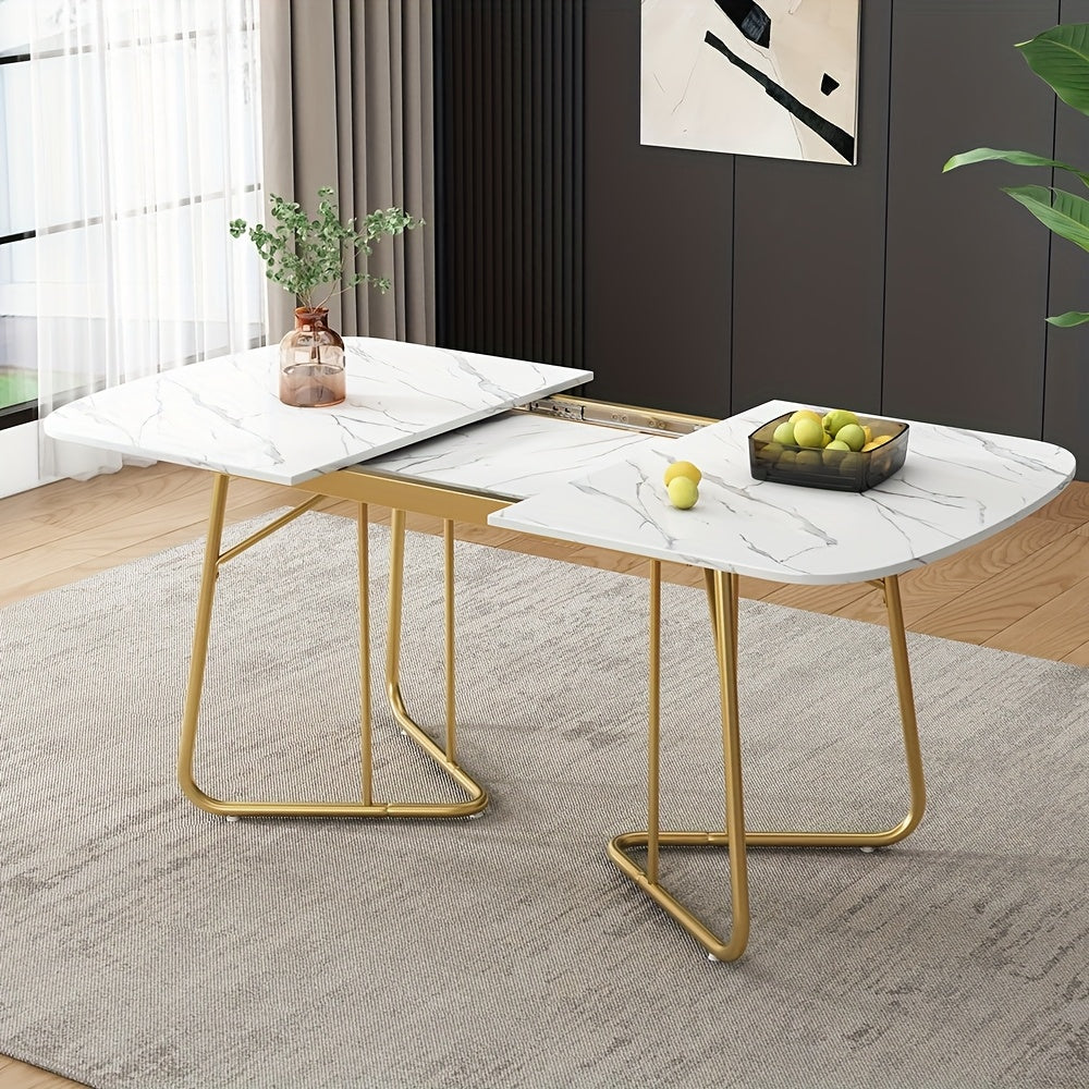 Uitklapbare Eettafel – Uitschuifbare Tafel – Inklapbare Eettafel – Klaptafel – Verlengbare Eettafel – Wit Marmerlook – Goudkleurige Metalen Poot – Geschikt Voor 4-6 Personen