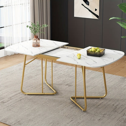 Uitklapbare Eettafel – Uitschuifbare Tafel – Inklapbare Eettafel – Klaptafel – Verlengbare Eettafel – Wit Marmerlook – Goudkleurige Metalen Poot – Geschikt Voor 4-6 Personen