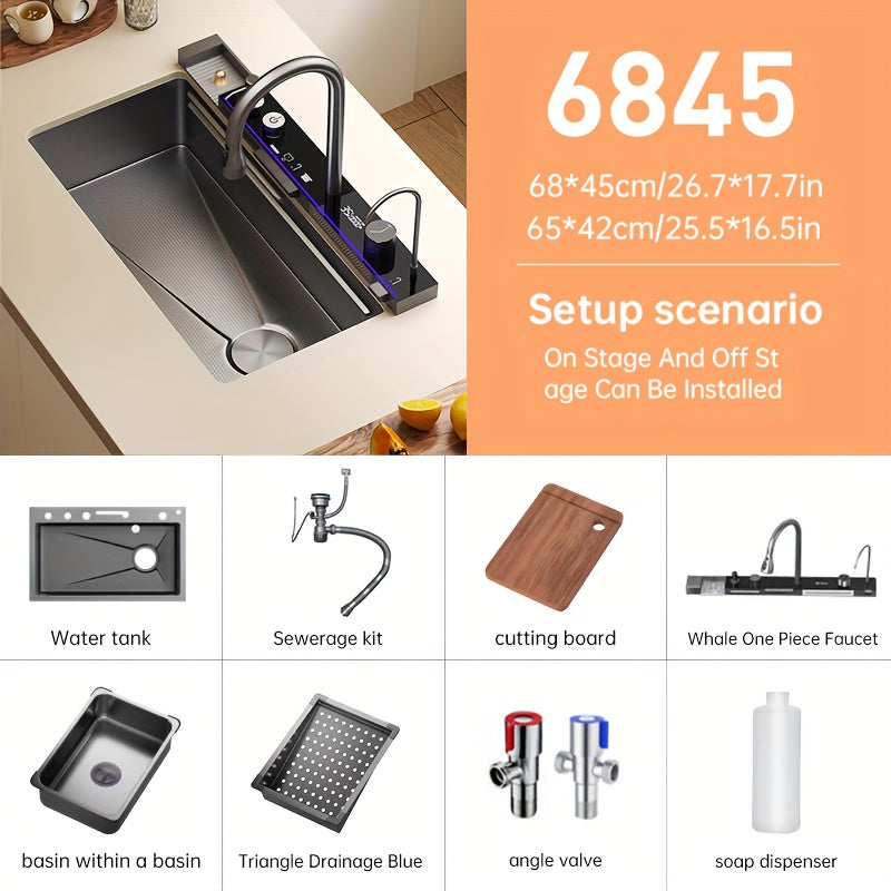 Musurjoy Black Restaurant Sink (74.93×44.96 cm), Equipped with A 3-speed Adjustable Water Outlet Faucet, Solid Wood Cutting Board And Other Accessories. It Is Easy to Install And Suitable for Kitchens, Restaurants And Bars.,