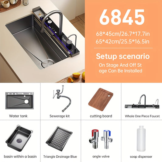Keukenspoelbak – Spoelbak – Keukensink – Barsink – Professionele Spoelbak – Mat Zwart – 74,9 x 44,9 cm – 3-snelheden Kraan – Inclusief Houten Snijplank