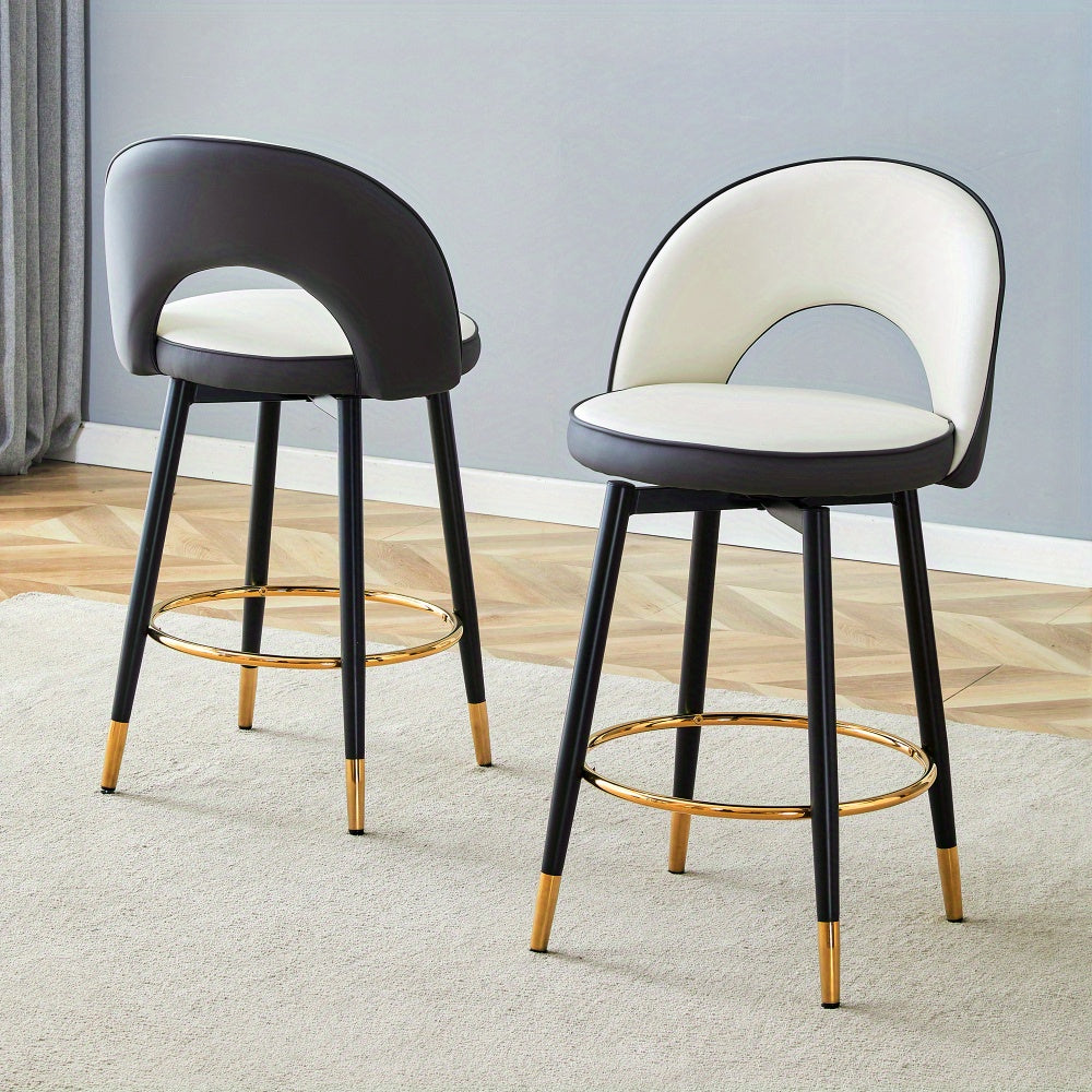 360° Draaibare Barkruk – Moderne Wit & Donkergrijs Twee-Tonen PU Kruk met Zachte Gewatteerde Zitting en Rugleuning, Eenvoudig te Monteren, Perfect voor Keuken, Eetkamer of Terras