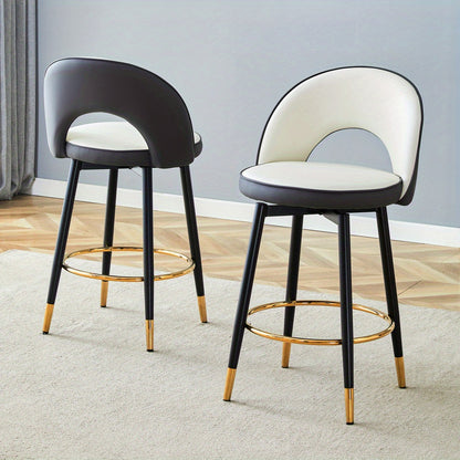 360° Draaibare Barkruk – Moderne Wit & Donkergrijs Twee-Tonen PU Kruk met Zachte Gewatteerde Zitting en Rugleuning, Eenvoudig te Monteren, Perfect voor Keuken, Eetkamer of Terras