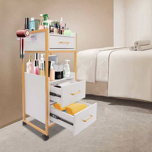 Kapperswagen – Kappers Trolley – Werkwagen – Salonwagen – Beauty Trolley – 3 Lades – Wielen Met Rem – Goud-Wit Design – Haarföhnhouder