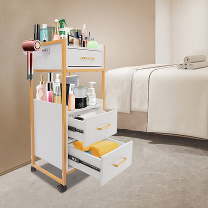 Kapperswagen – Kappers Trolley – Werkwagen – Kapperskar – Salonwagen – 3 Laden – 50 KG Draagvermogen – Met Haardrogerhouder – Mobiel en Compact – Wit met Gouden Frame