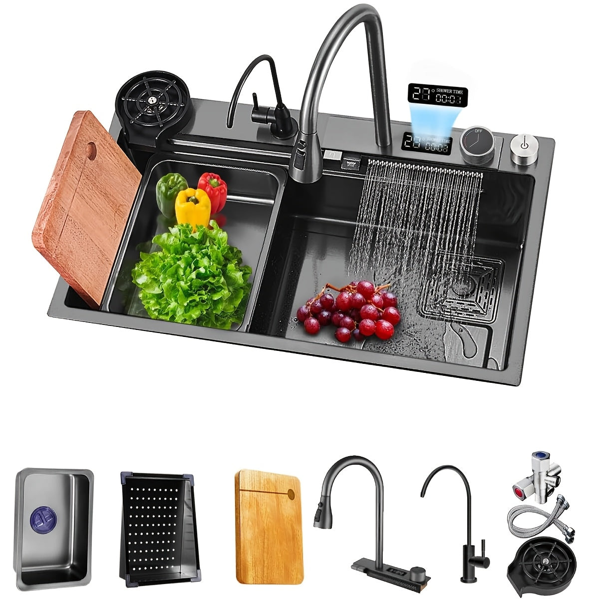 Keukenspoelbak – Gootsteen – Wasbak – Spoelbak – Inbouwspoelbak – RVS Zwart – 68x45 cm – Multifunctionele Kraan en Snijplank