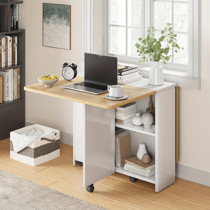 Opvouwbaar bureau – Computerbureau – Schrijftafel – Kantoorbureau – Inklapbare tafel – Licht hout met wit – 6 zwenkwieltjes – 2-laagse opbergruimte – Ruimtebesparend 120x60x75 cm