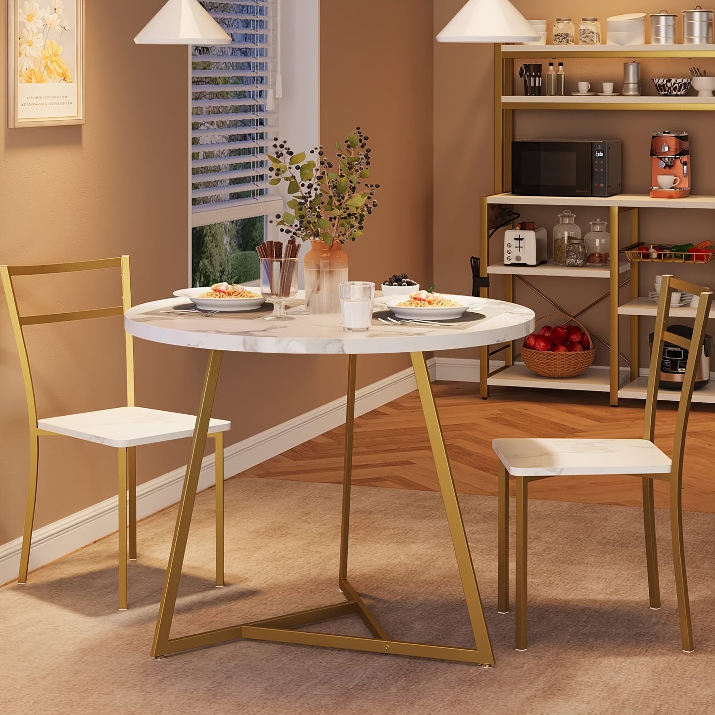 Eettafelset – Eethoek – Keukentafelset – Zitgroep – Tafel en Stoelen – Ronde Tafel Ø 80 cm – Wit Marmerlook Met Goud Metaal – Ruimtebesparend Compact Design – Makkelijk Schoon Te Maken