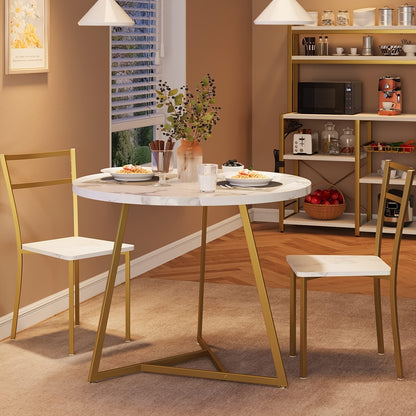Eettafelset – Eethoek – Keukentafelset – Zitgroep – Tafel en Stoelen – Ronde Tafel Ø 80 cm – Wit Marmerlook Met Goud Metaal – Ruimtebesparend Compact Design – Makkelijk Schoon Te Maken