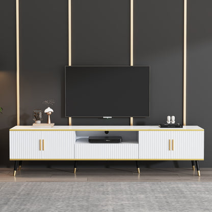TV-Meubel – TV Meubel Kast – TV Dressoir – TV Bank – Lagere TV-Kast – Geschikt Voor Televisies Tot 90 Inch – Wit Paneel Zonder Hout – Eenvoudige Montage – 200x40x46 cm – Met Lade En Deuren