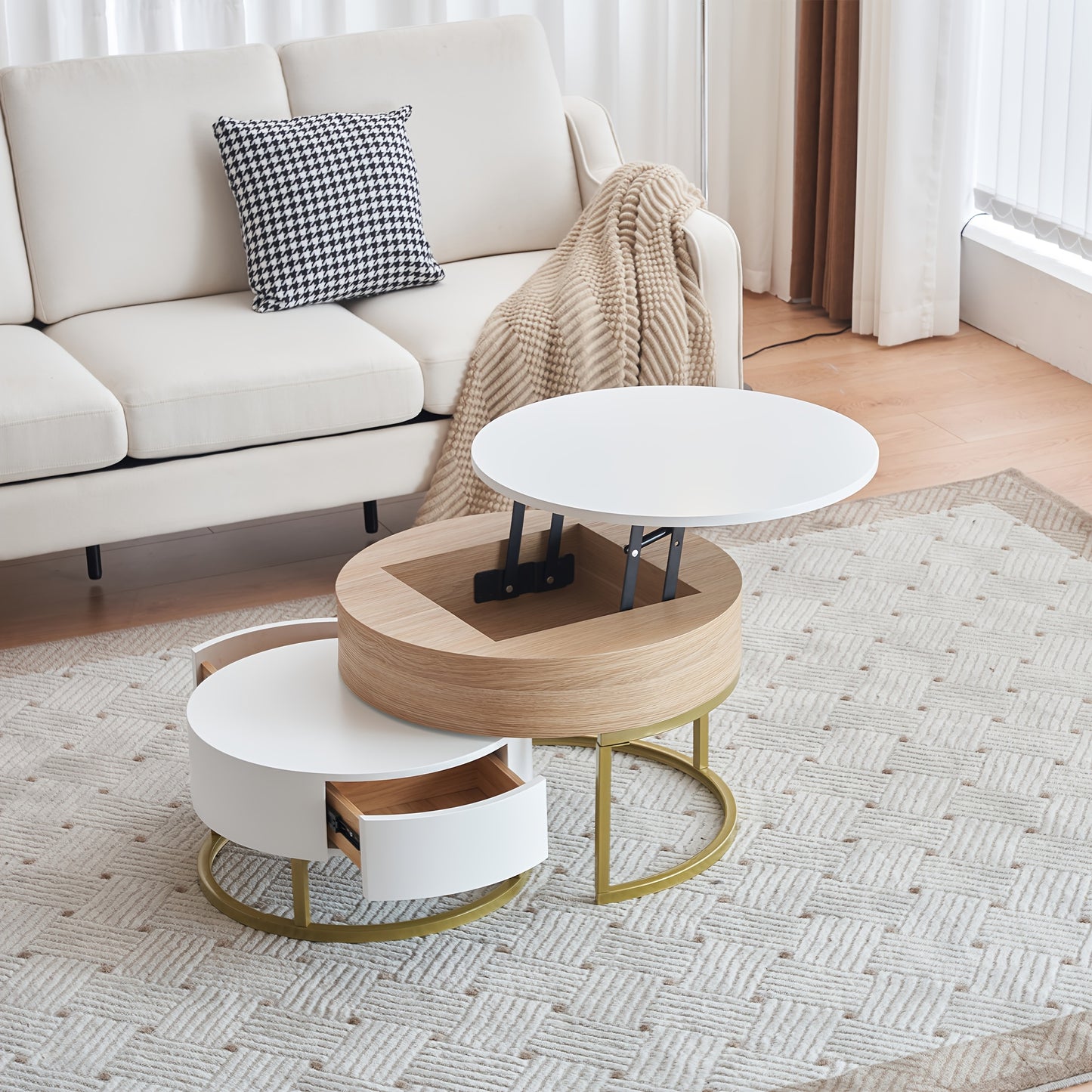 Bijzettafels – Salontafel – Side Table – Nesting Tafels – Opbergtafel – Houten Set – Inklapbaar Ontwerp – Opberglades – Wit Met Gouden Accenten