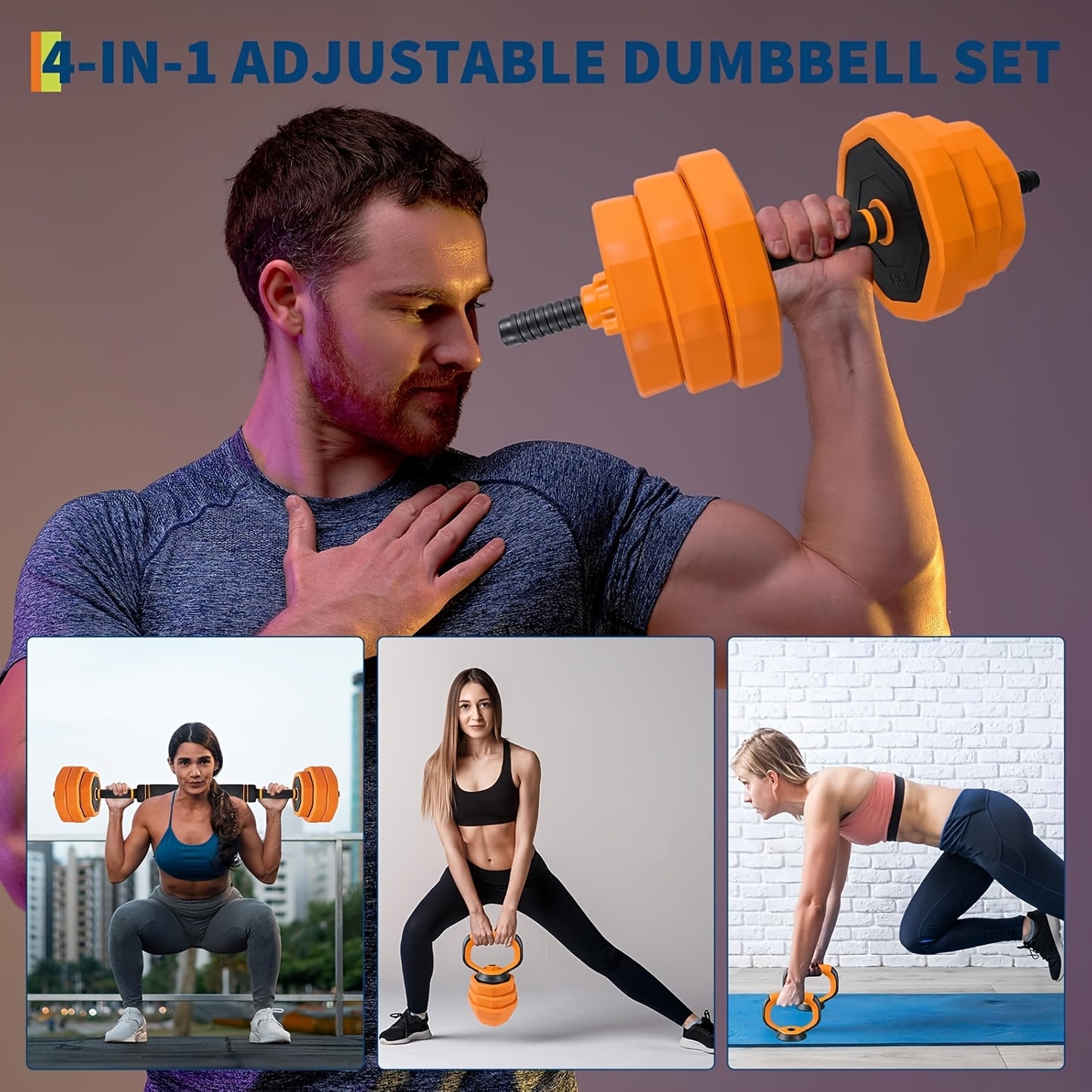 4-In-1 Adjustable Dumbbell Set 29.94KG | Convertible to Barbell, Kettlebell & Push Up Stands, Home Gym Equipment for Men & Women, Space Saving Weights, Orange, Synthetic Rubber, Towallmark