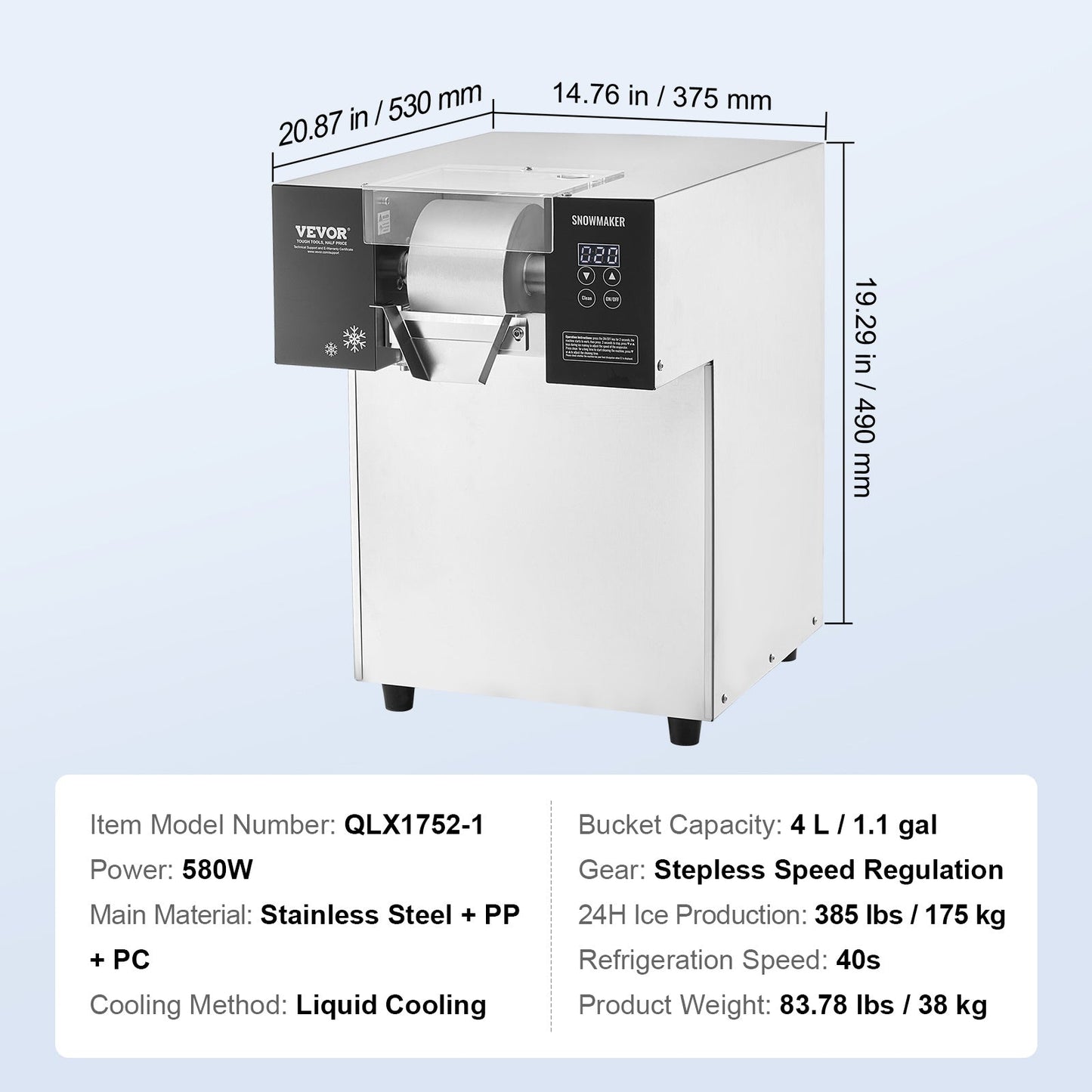 Sneeuwvlok-ijsmachine – Spaghetti-ijsmachine – IJsblokjesmachine – IJs-schaafmachine – RVS ijsmachine – Continue productie 175 kg/24u – Intuïtief touchscreen bedieningspaneel