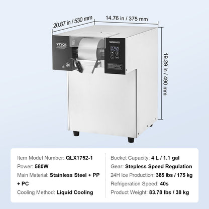 Sneeuwvlok-ijsmachine – Spaghetti-ijsmachine – IJsblokjesmachine – IJs-schaafmachine – RVS ijsmachine – Continue productie 175 kg/24u – Intuïtief touchscreen bedieningspaneel