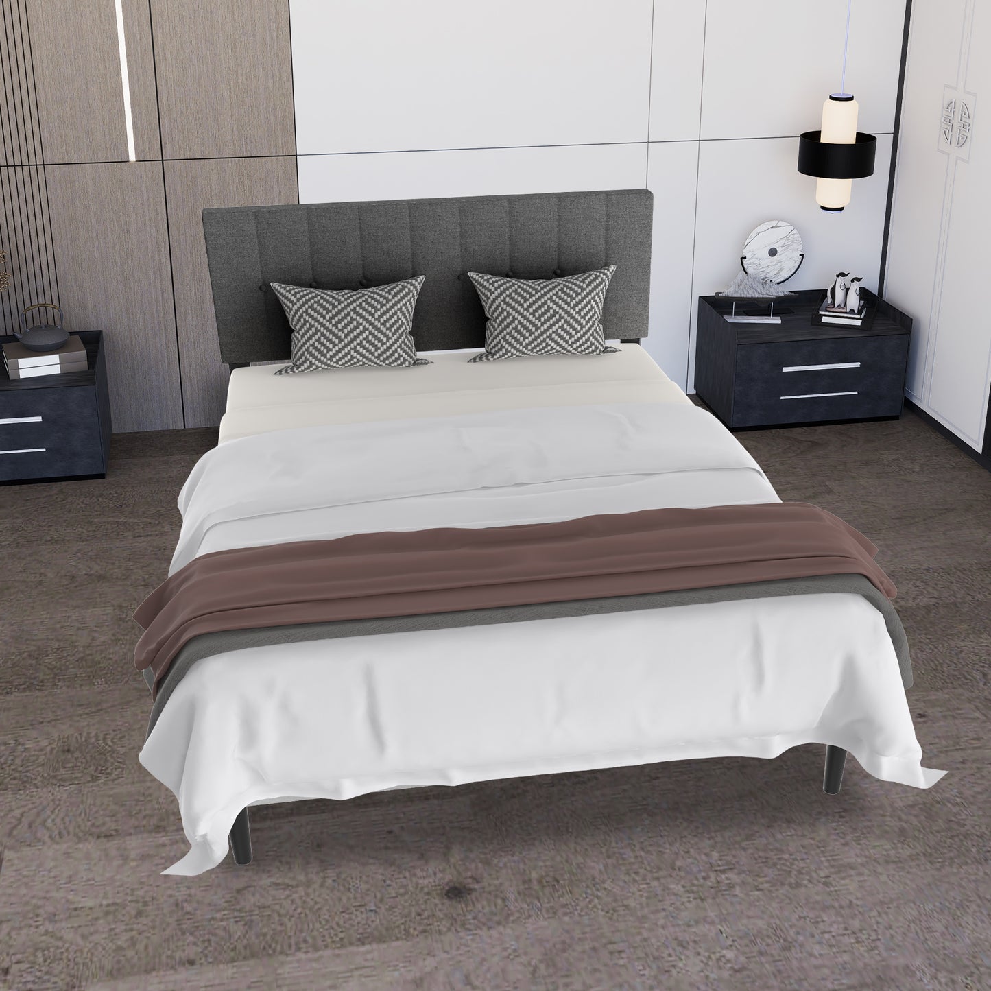 Bedframe – Gestoffeerd Bed – Ledikant – Slaapkamerbed – Lattenbodem – Donkergrijs – Linnen Hoofdbord – Stevig 140x200 cm – Draagkracht 300 kg